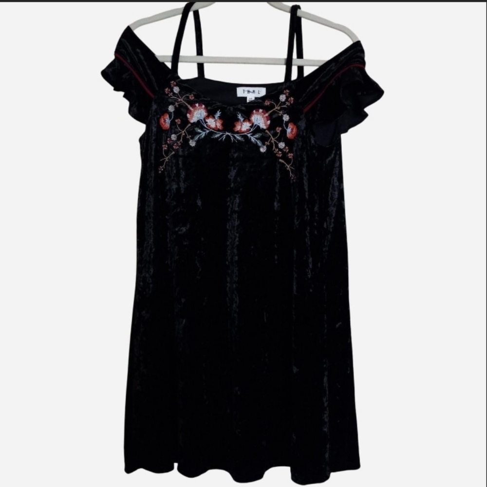 THML Velvet Floral Embroidered Off Shoulder Dress